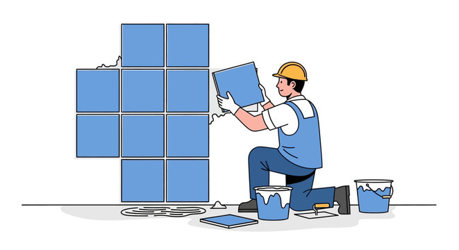 Construction worker installing blue tiles in a minimalist style illustration