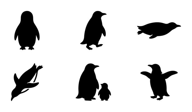 Penguin Silhouettes Collection: Diverse Poses of Antarctic Birds, Vector Graphics for Wildlife and Nature Designs