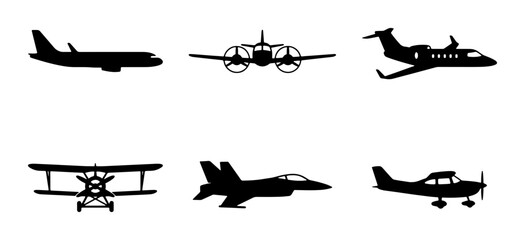 Diverse Aircraft Silhouettes Collection: Commercial Jets, Biplanes, Fighter Jets, and Private Planes Vector Icons © Mehedi