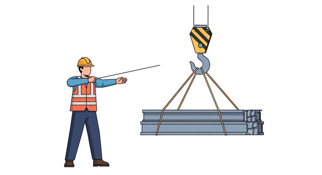 Construction worker guiding crane with steel beams on white background