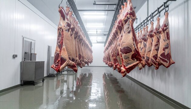 "Refrigerated facility with beef carcasses hanging on rails, symbolizing hygiene, storage, and processing."