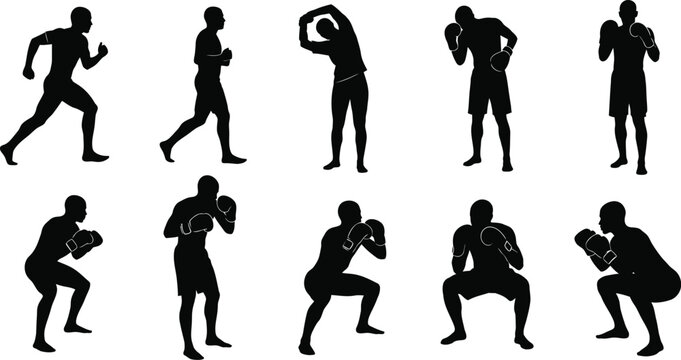 Boxing and fitness silhouette set training exercise and athletic poses