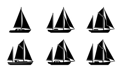 Set of Six Black Silhouette Sailboat Icons, Nautical Vector Graphics for Maritime and Sailing Themes, Marine Transportation and Adventure Concepts © Hasan