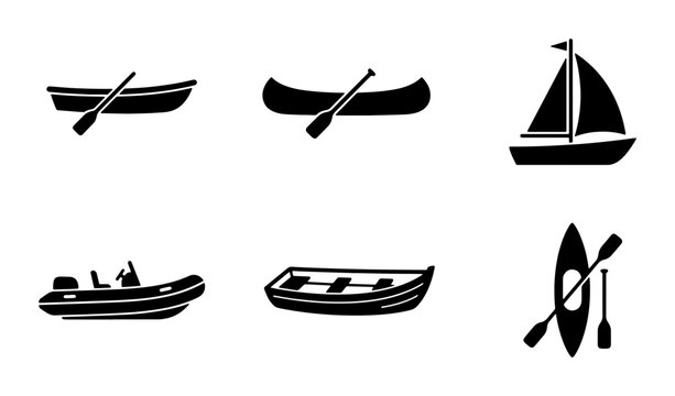 Vector Set of Six Nautical Watercraft Silhouettes: Canoe, Kayak, Sailboat, Dinghy, Rowboat, and Inflatable Boat with Paddles and Oars, Nautical Transportation Icons
