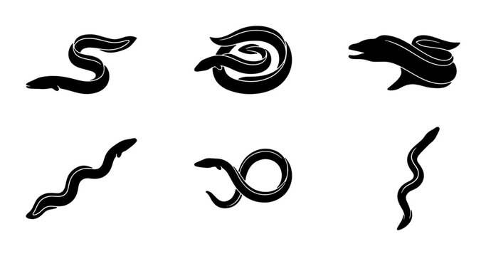 Set of Six Black Eel Silhouettes, Marine Life Vector Icons, Aquatic Animal Graphics, Underwater Creature Illustrations