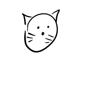 Simple hand-drawn doodle of a cat's head. Minimalist black line art on a plain white background.