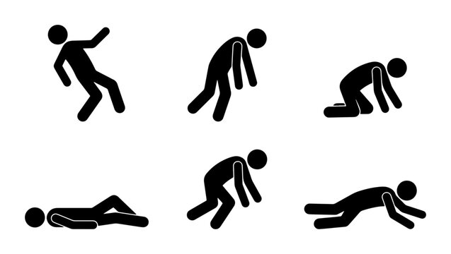 Stick Figure Falling and Falling Down Icons, Human Figure Motion Sequence, Danger and Accident Pictograms, Set of Six Black Silhouettes