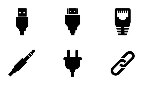 Technology Connection Icons: USB, HDMI, Ethernet, Audio Jack, Power Plug, Link Chain Vector Set for Digital and Network Concepts