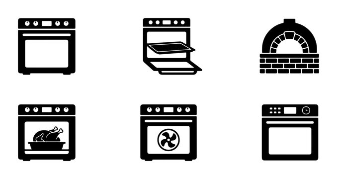 Kitchen Oven Icons Set, Cooking Appliance Vector Graphics, Culinary Equipment Collection, Food Preparation Tools