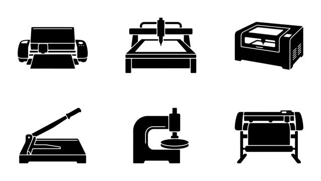 Crafting and Cutting Machine Icons Set, Vector Graphics for DIY Projects, Industrial Equipment Symbols, Precision Tools Collection