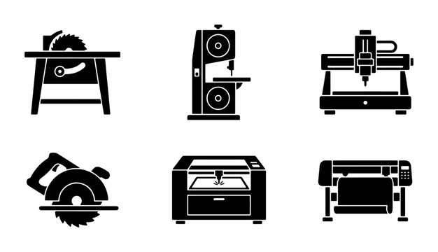 Industrial Machinery Icons: Circular Saw, Bandsaw, CNC Router, Laser Cutter, Vinyl Plotter, Vector Set for Manufacturing and Fabrication