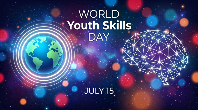World youth skills day poster with globe and brain on colorful background