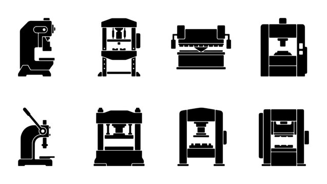 Industrial Press Machine Icons, Heavy Duty Manufacturing Equipment Set, Hydraulic and Mechanical Presses Collection, Black and White Vector Graphics