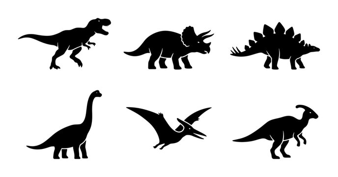 Dinosaur Silhouettes Collection, Prehistoric Reptile Icons, Jurassic Era Creatures Vector Set, Ancient Animal Graphics