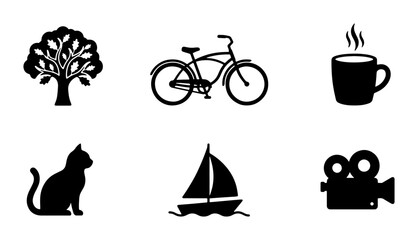 Black Silhouette Icons: Tree, Bicycle, Coffee Cup, Cat, Sailboat, Camera. Vector Graphics for Lifestyle and Leisure Themes. © Khaled