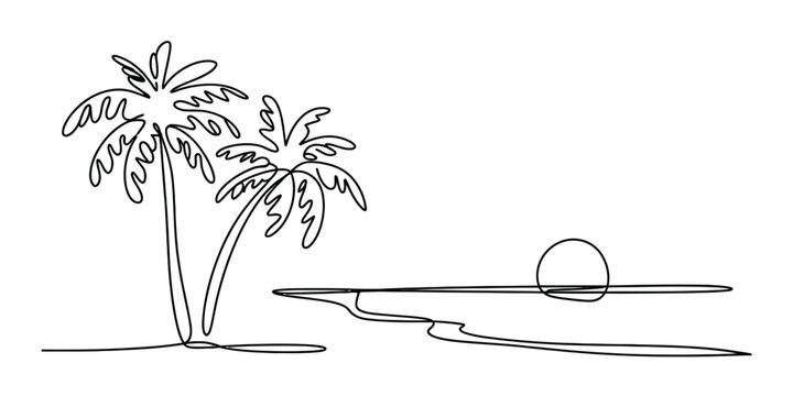 Continuous single line drawing of two palm trees on a tropical beach at sunset Vector, illustration
