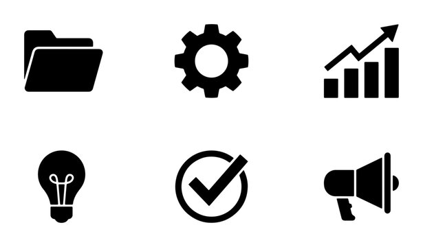 Modern Business Icons Set, Vector Graphics for Strategy, Ideas, and Analytics. Includes Folder, Gear, Chart, Lightbulb, Checkmark, Megaphone Symbols.
