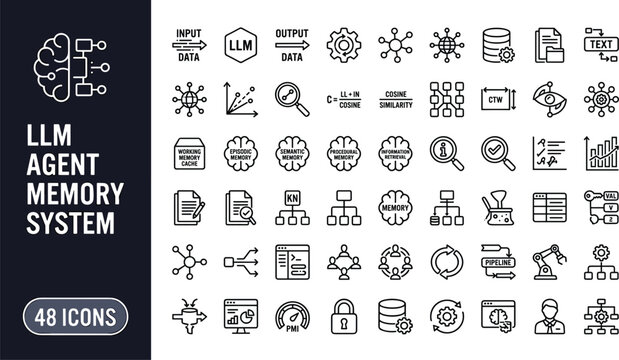 LLM Agent Memory System Icon Set with Vector Database Retrieval Workflow and Artificial Intelligence Architecture