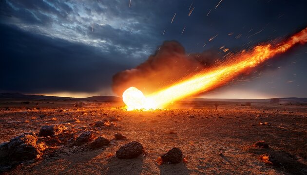 massive fiery meteorite crashing into the barren scorched landscape with explosive impact under dark stormy sky at twilight