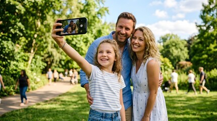 Fototapeta premium A happy family taking a selfie with a smartphone in a sunny public park with green trees
