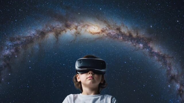 Child wearing VR glasses in space.