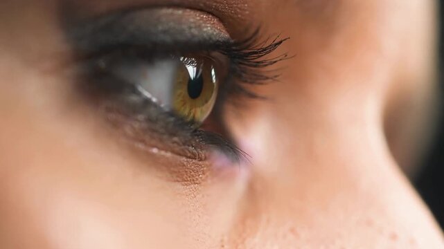 Closeup of a womans eye with long eyelashes and brown iris