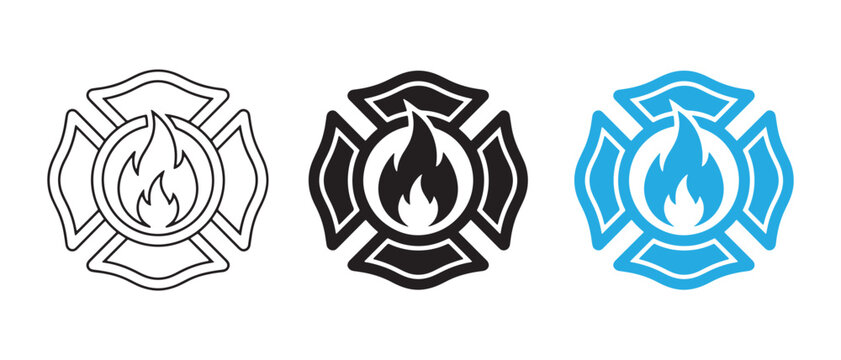 Firefighter protection badge icon collection with flame safety emblem vector set