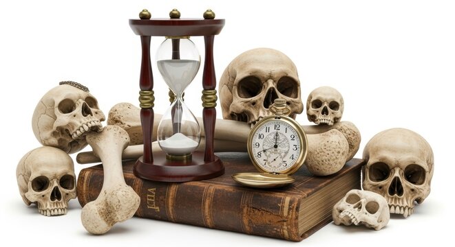 Antique vanitas still life with human skulls hourglass and vintage book.