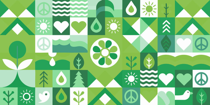 green geometric patchwork pattern with nature and peace symbols