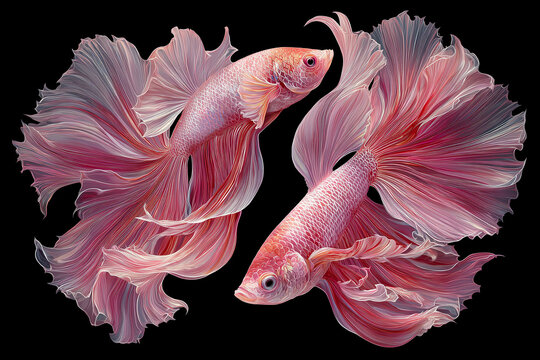 A beautiful two fishes red and white betta fish, delicate long tail
