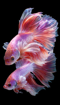 A beautiful two fishes red and white betta fish, delicate long tail