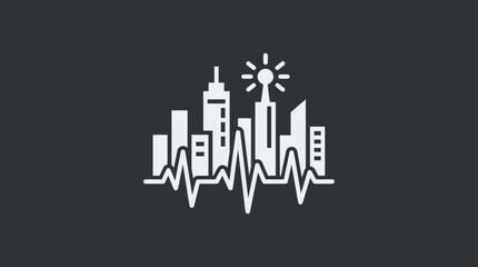 Fototapeta premium Minimalist cityscape icon with a heartbeat line and sun symbolizing urban health and monitoring