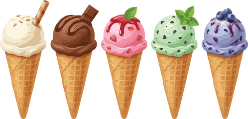 Assorted Ice Cream Cone Vector Set with Vanilla Chocolate Strawberry Mint Choc Chip and Blueberry Flavors for Summer Refreshment Menus Desserts and Sweet Shop Branding
