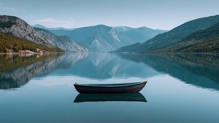 Obraz premium Lone Rowboat on Glassy Lake Surrounded by Mountains