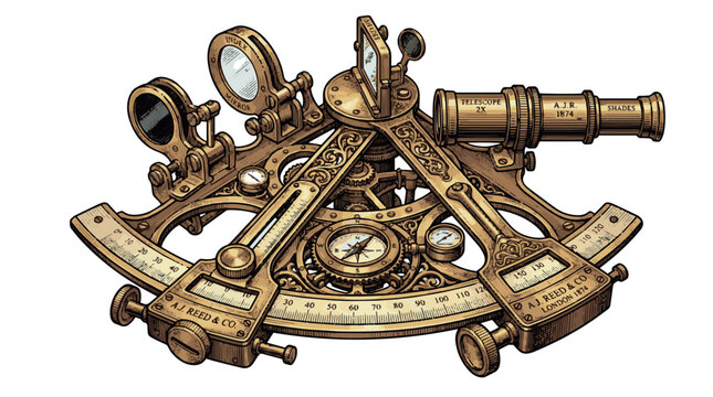 Vintage sextant navigation instrument engraving vector