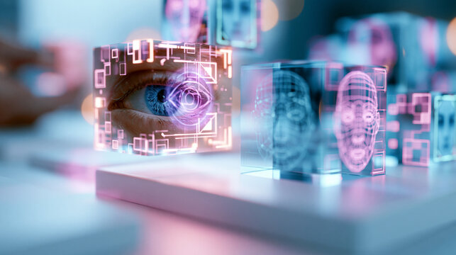 Floating hologram composition of glowing eye tracking and facial recognition icons with stylized geometric grids floating above a clean bright pastel platform eye tracking