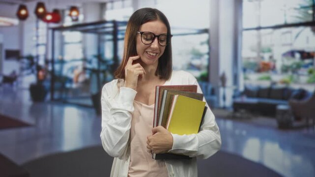 Woman holding notebooks and snapping fingers while smiling, wearing glasses and a cardigan in a building atrium with seating, windows and pendant lights; academic confidence.