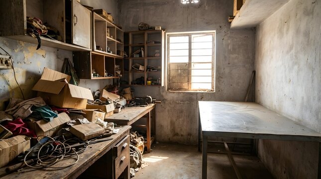 Messy workshop interior with cluttered wooden workbenches and storage shelves filled with cardboard boxes plus tools and wires under bright window light in old gritty maintenance room facility.