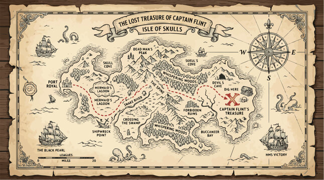 Pirate treasure map engraving style vector illustration
