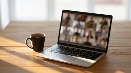 Fototapeta premium Laptop with video conference call and coffee mug on wooden table in home office