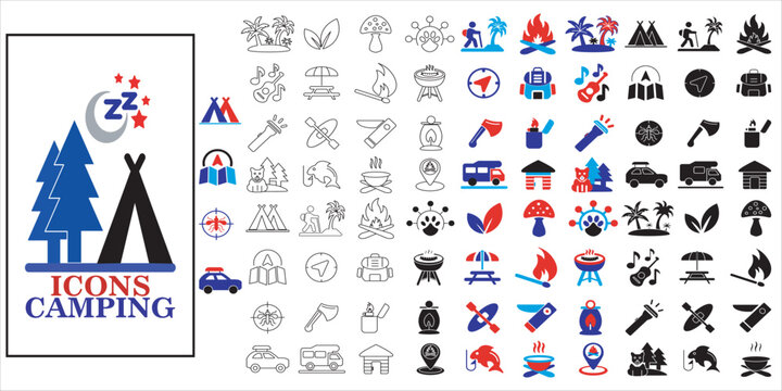 camping icon set bundle. forest, camp, nature, tent, adventure, backpack, campfire and more. simple flat complete vector