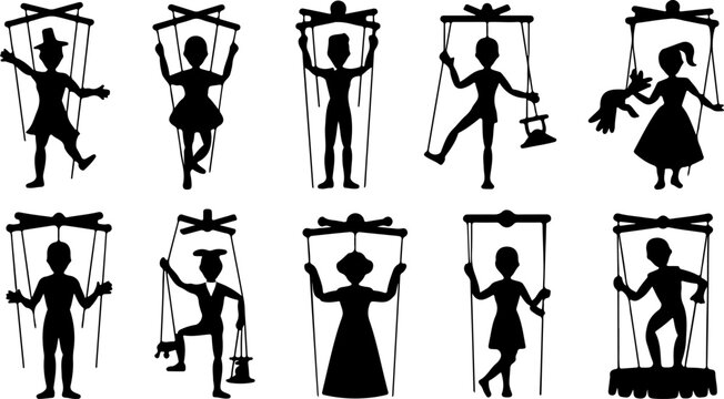 Marionette Puppet String Control Character Man Woman Dance Silhouette Vector Set Bundle