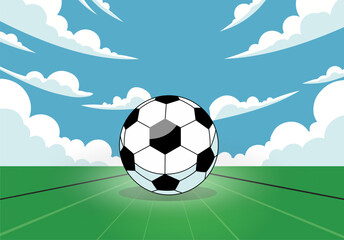 Soccer Ball on Green Field Vector Illustration with Blue Sky and Clouds © Josim