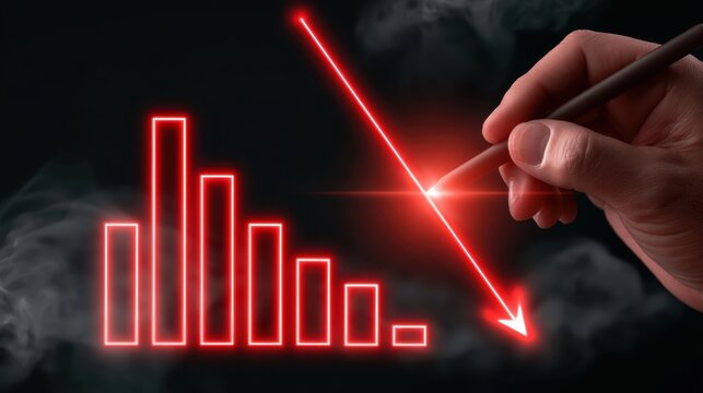 Hand Drawing Red Declining Graph Arrow Showing Decrease and Loss Concept