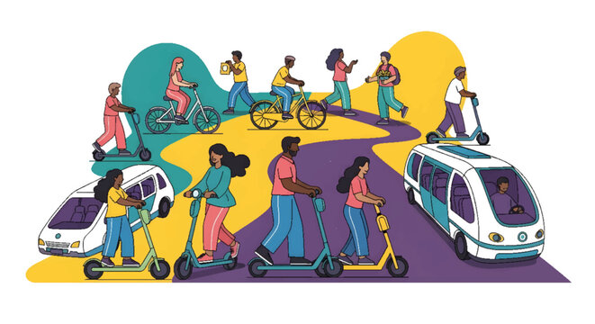 Diverse people embracing sustainable urban transportation: cycling, electric scooters, and walking in a vibrant city. Eco-friendly mobility and modern community life.