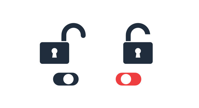 Digital security interface showing two unlock icons with red and black toggle switches represents privacy settings and access control for users.