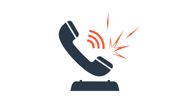 Telephone handset on a base with a red flash graphic represents emergency services, urgent calls, technical breakdowns, and maintenance support.