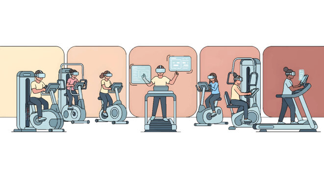 People exercising in a modern gym using virtual reality headsets for an immersive fitness experience, blending technology and health.