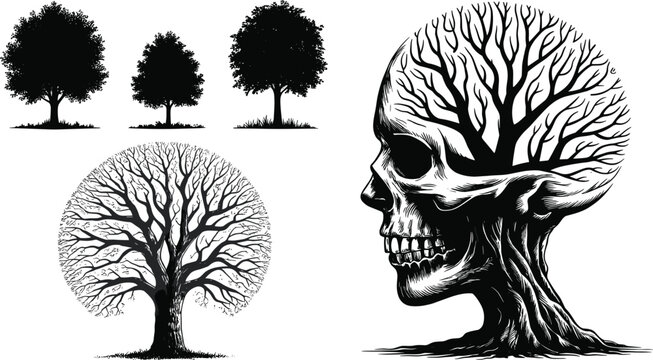Black silhouette illustration of trees with dense canopies, bare branches, and skull fused with branching tree design