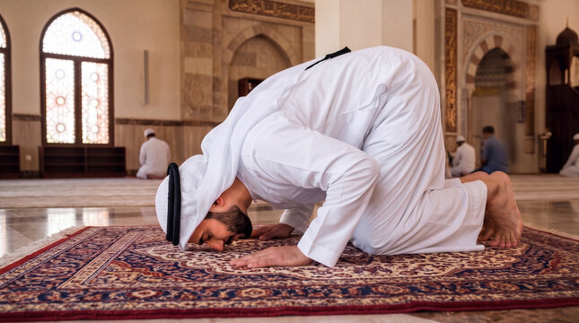 Hombre &aacute;rabe en profunda prostraci&oacute;n sobre alfombra tradicional